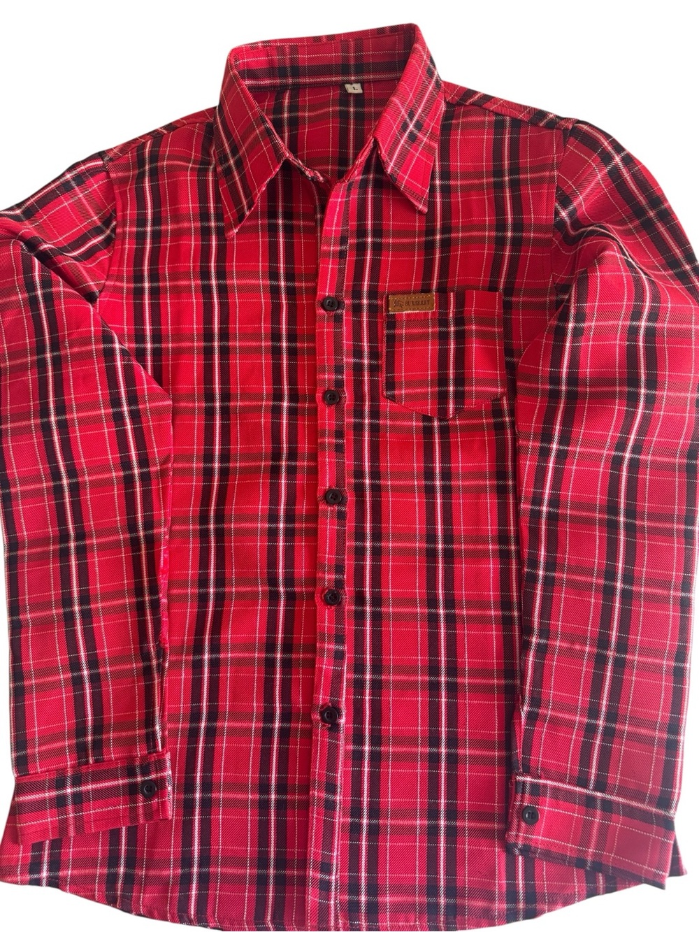 Hand Made Red and Black Plaid Button-Front Shirt with Burberry Logo on Pocket
